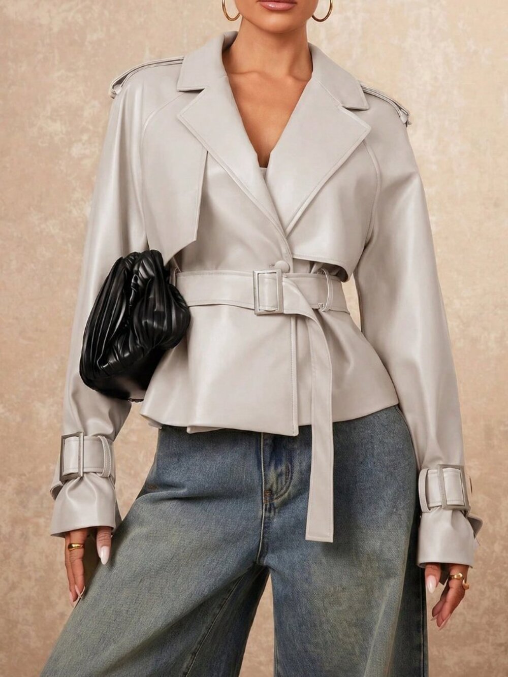 Casual Women's Front Button belted Lapel faux leather Coat - Picture 3 of 7